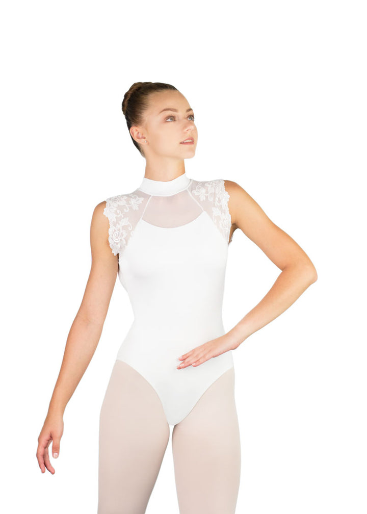 Ballet Rosa women's white high neck tank leotard with mesh neckline and stretch lace on the shoulders.