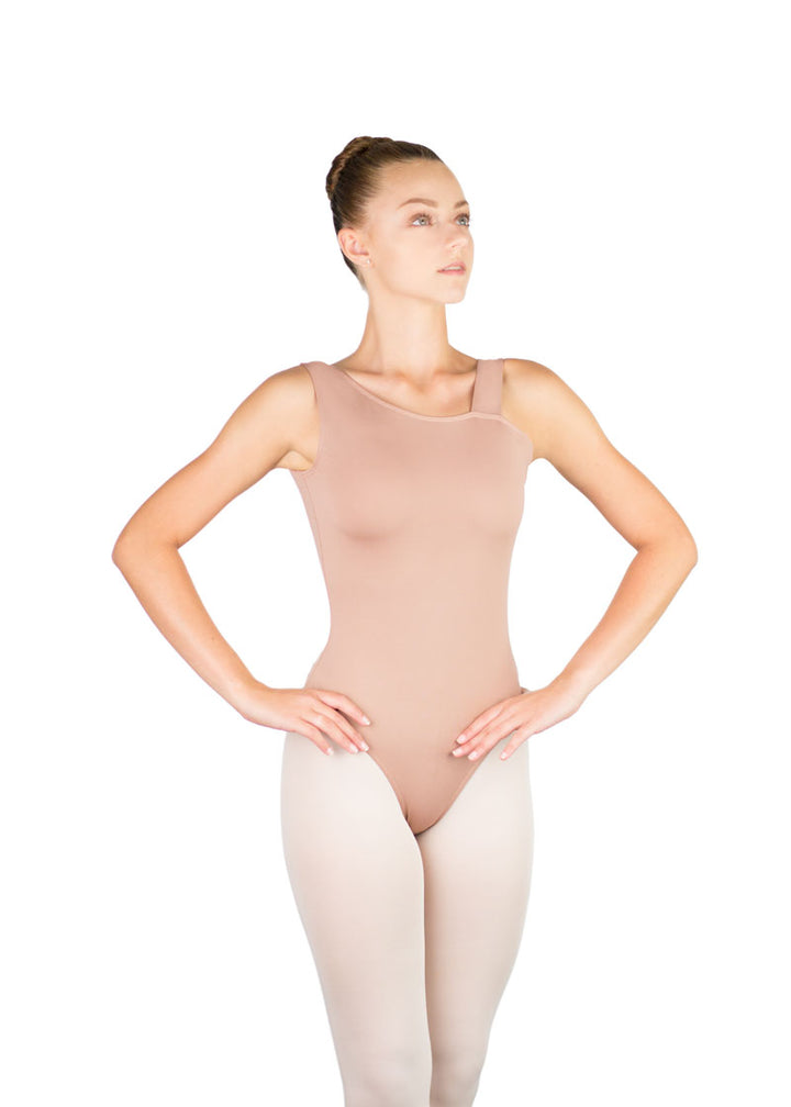 Ballet Rosa women's Bianca tank leotard in tan with asymmetrical neckline.