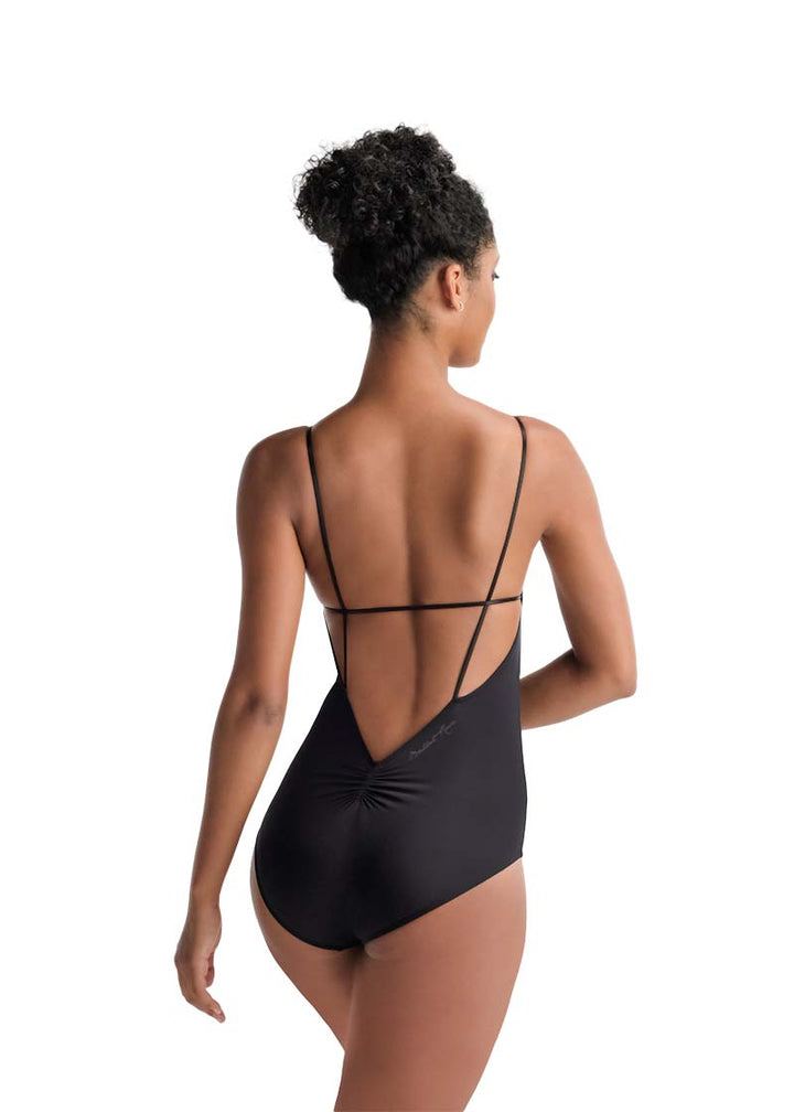Ballet Rosa women's Calliope camisole leotard in black with thin straps across an open, low pinch back.