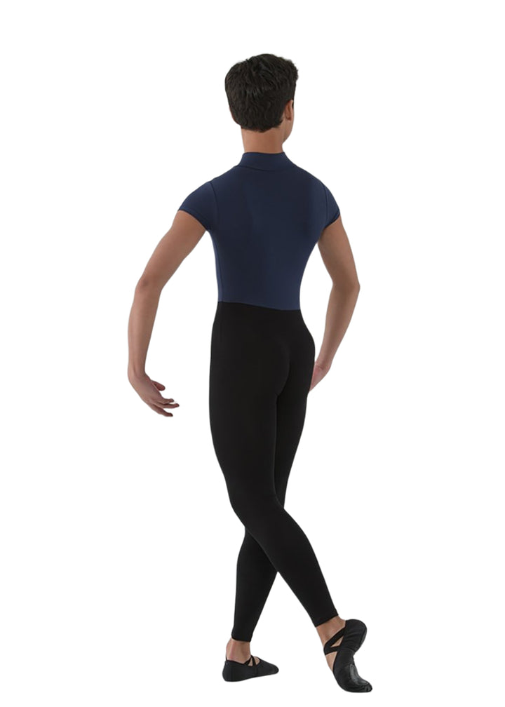 Ballet Rosa men's Conrad unitard with black legs and dark blue bodice with short sleeves.