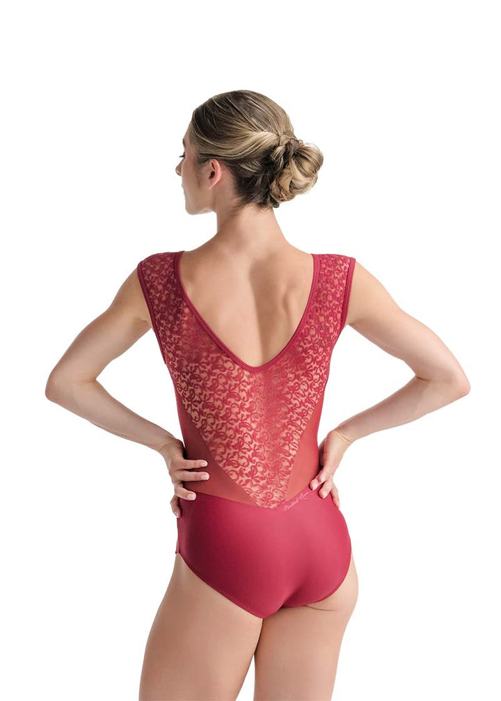 Ballet Rosa women's Delia tank leotard in red with side mesh panels and lace scoop back.
