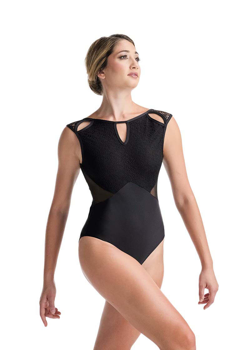 Ballet Rosa women's Delia tank leotard in black with side mesh panels, keyhole neckline, and lace bodice.