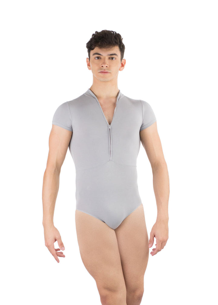 Ballet Rosa men's Endo leotard in grey with short sleeves and zip front.