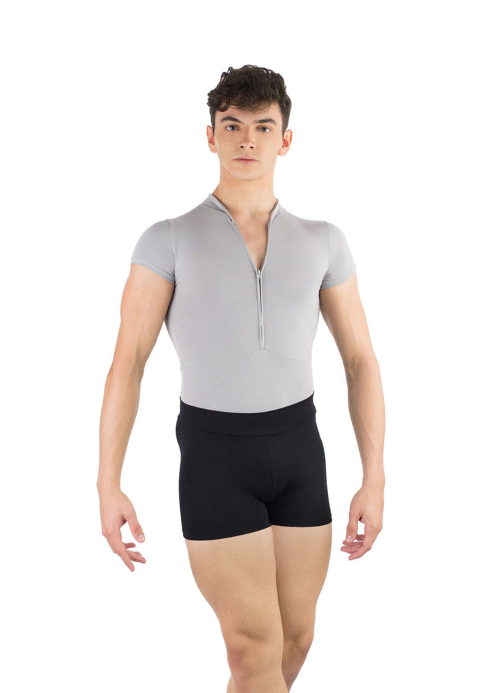 Ballet Rosa men's Endo leotard in grey with short sleeves and zip front.