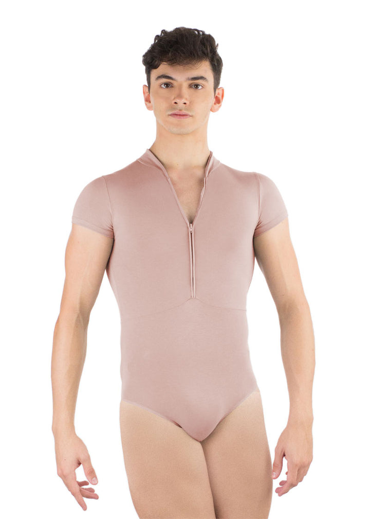 Ballet Rosa men's Endo leotard in beige with short sleeves and zip front.