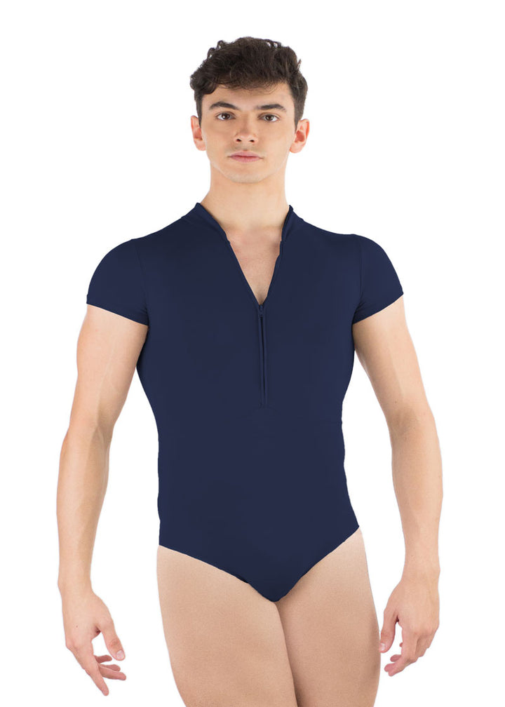 Ballet Rosa men's Endo leotard in navy blue with short sleeves and zip front.
