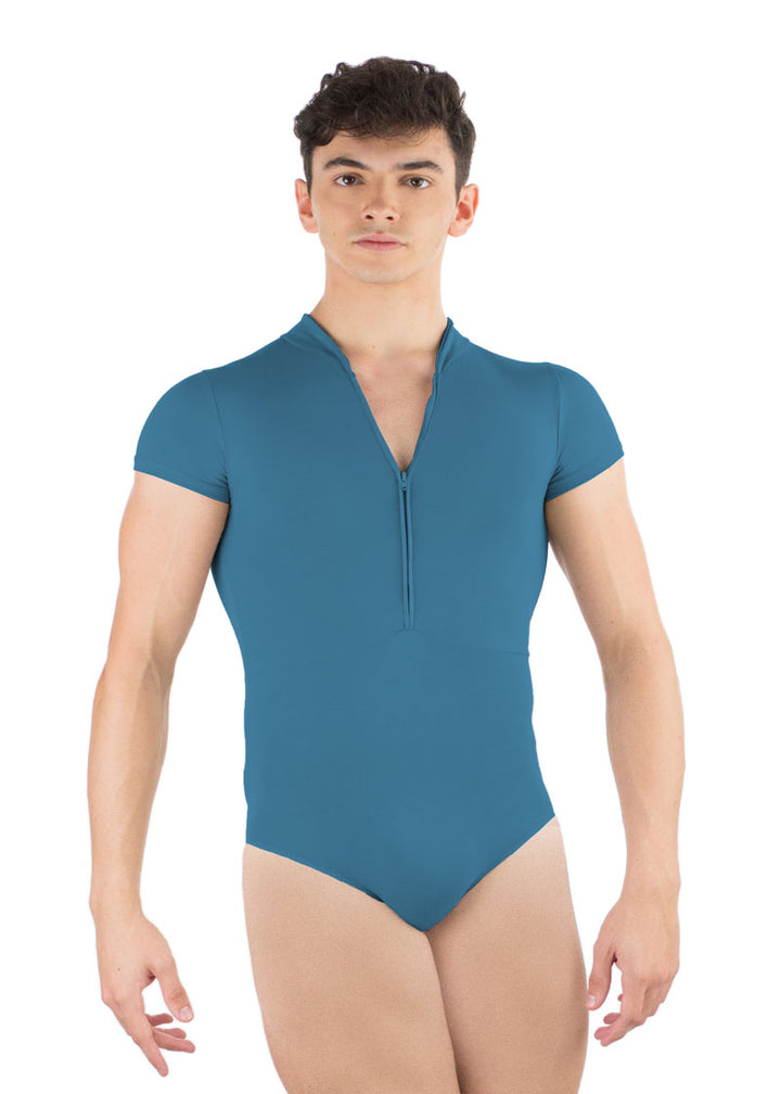 Ballet Rosa men's Endo leotard in blue with short sleeves and zip front.