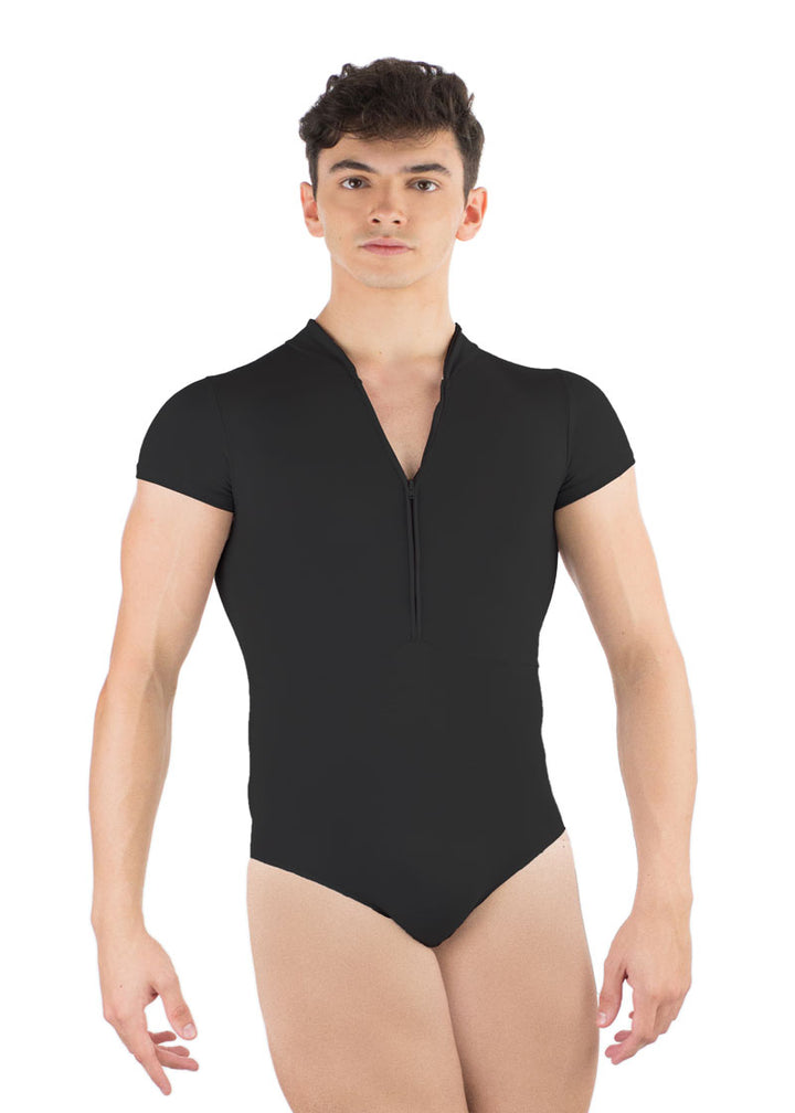 Ballet Rosa men's Endo leotard in black with short sleeves and zip front.