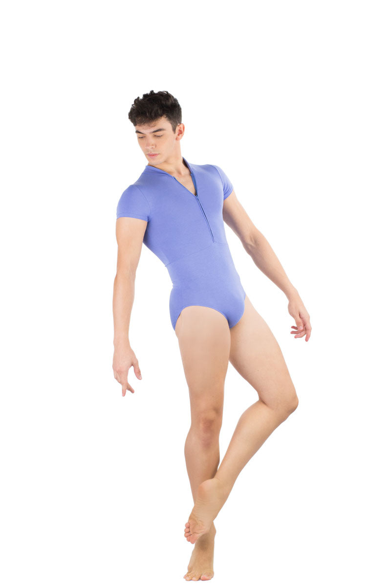 Ballet Rosa men's Endo leotard in light blue with short sleeves and zip front.