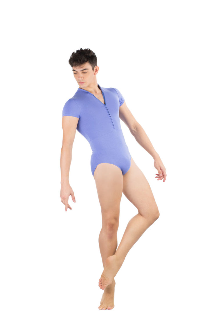 Ballet Rosa men's Endo leotard in light blue with short sleeves and zip front.