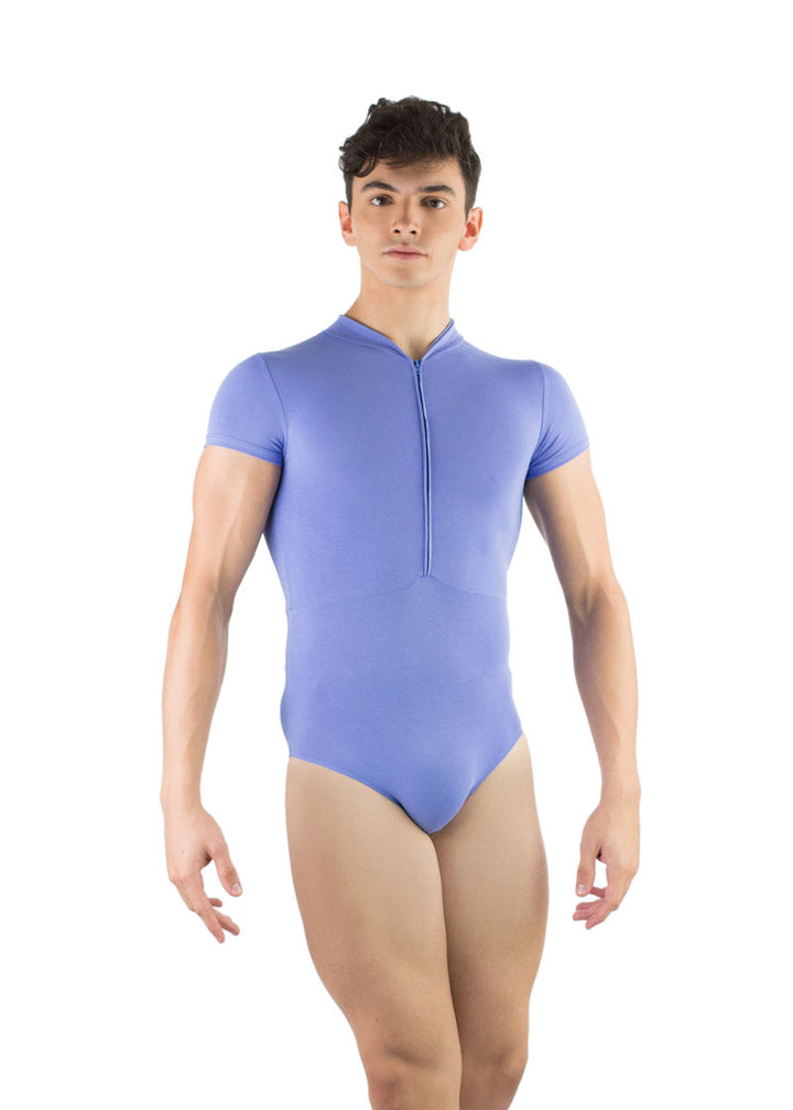 Ballet Rosa men's Endo leotard in light blue with short sleeves and zip front.