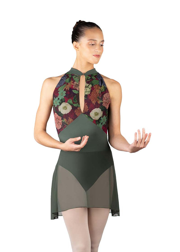 Ballet Rosa women's Erika mesh pull-on skirt in olive green.
