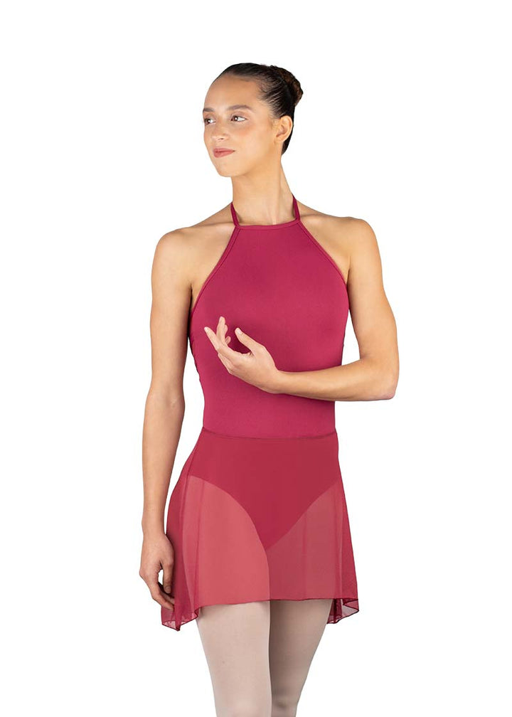 Ballet Rosa women's Erika mesh pull-on skirt in pinkish red.