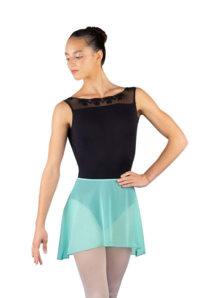 Ballet Rosa women's Erika mesh pull-on skirt in light blue-green.