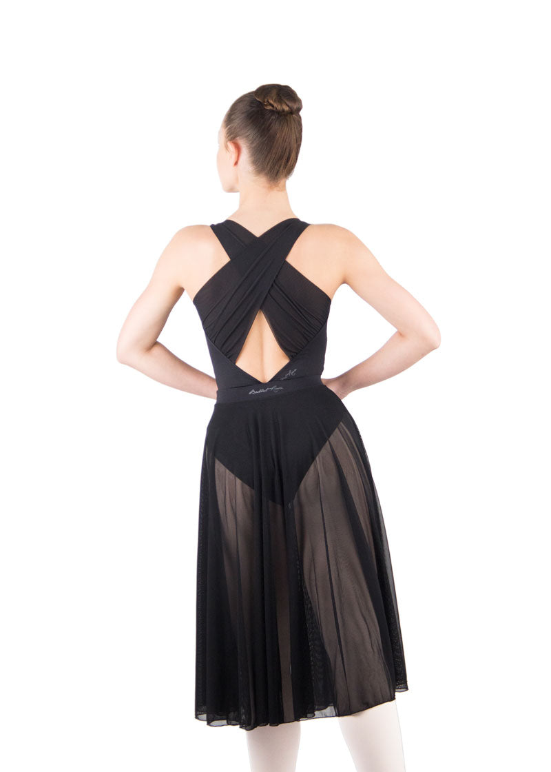 Ballet Rosa girls' Faith mesh pull-on below-the-knee skirt in black.