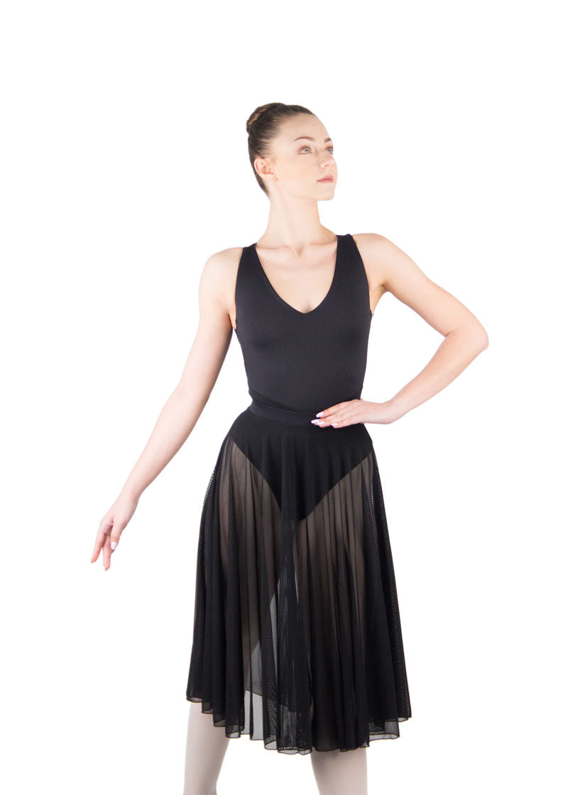 Ballet Rosa girls' Faith mesh pull-on below-the-knee skirt in black.