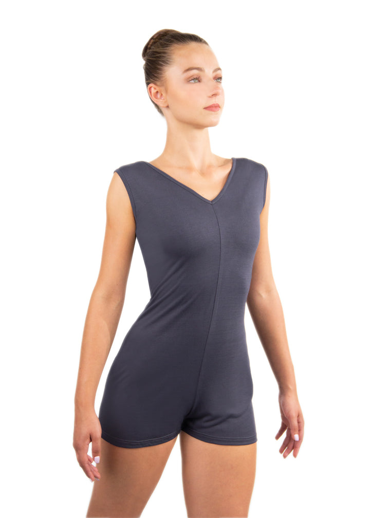 Ballet Rosa women's Fuki v-neck tank romper in grey.