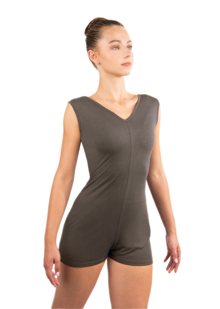 Ballet Rosa women's Fuki v-neck tank romper in light brown.