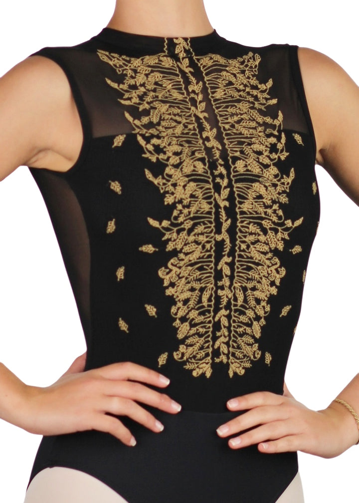 Ballet Rosa women's Harper high neck leotard in black with mesh neckline and gold emboidery.
