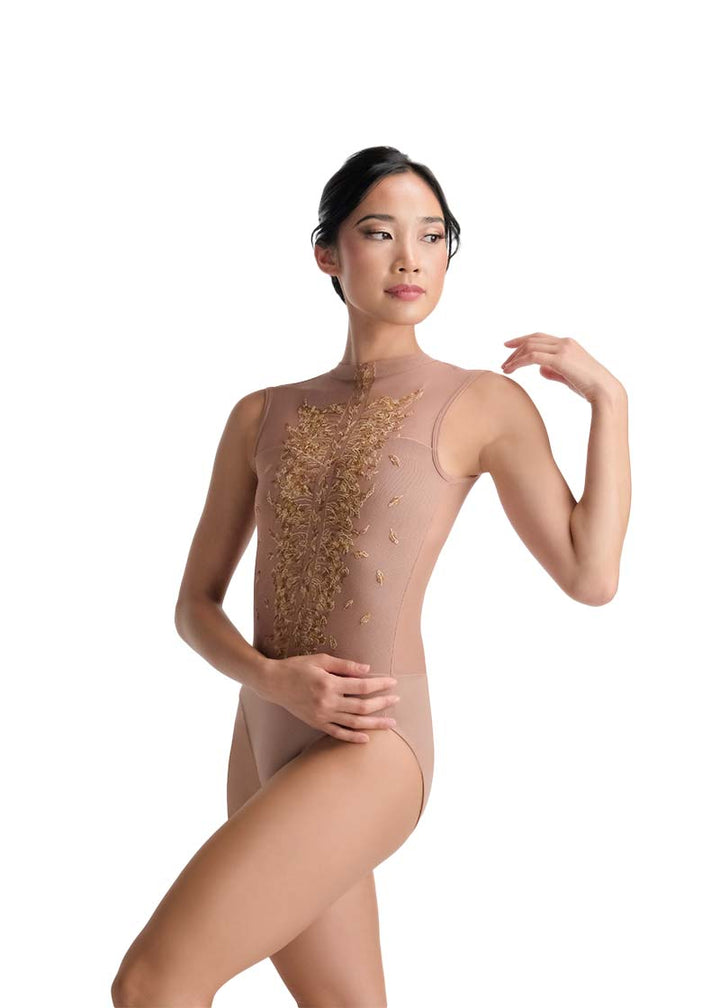 Ballet Rosa women's Harper high neck leotard in beige with mesh neckline and tan embroidery.