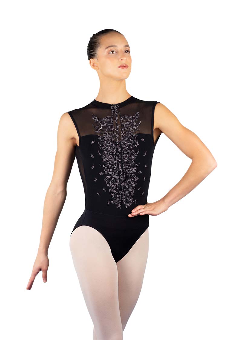 Ballet Rosa women's Harper high neck leotard in black with mesh neckline and grey embroidery.