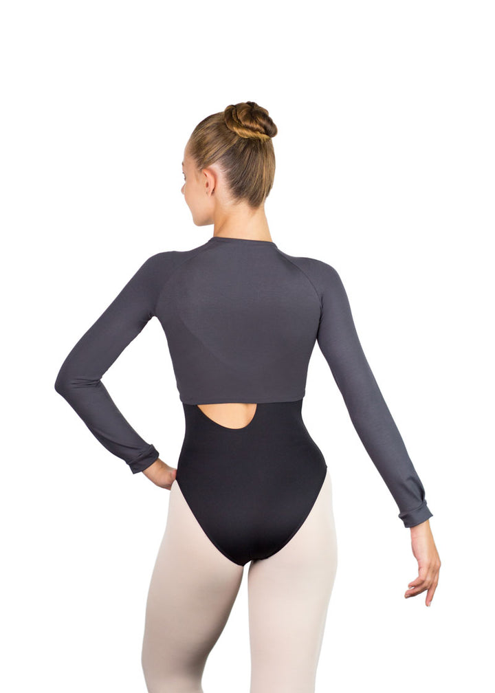 Ballet Rosa women's Ichika long sleeve crop top in gray.