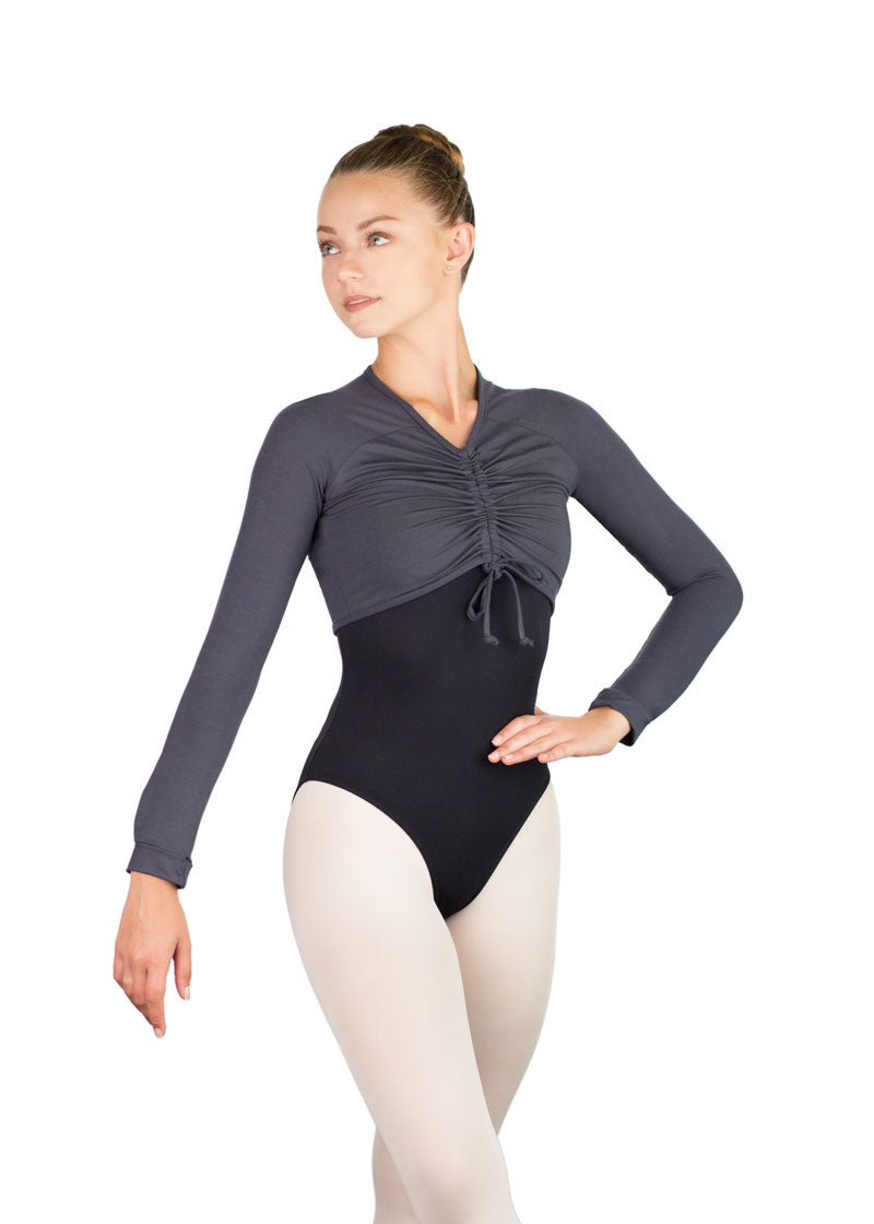 Ballet Rosa women's Ichika drawstring long sleeve crop top in gray.
