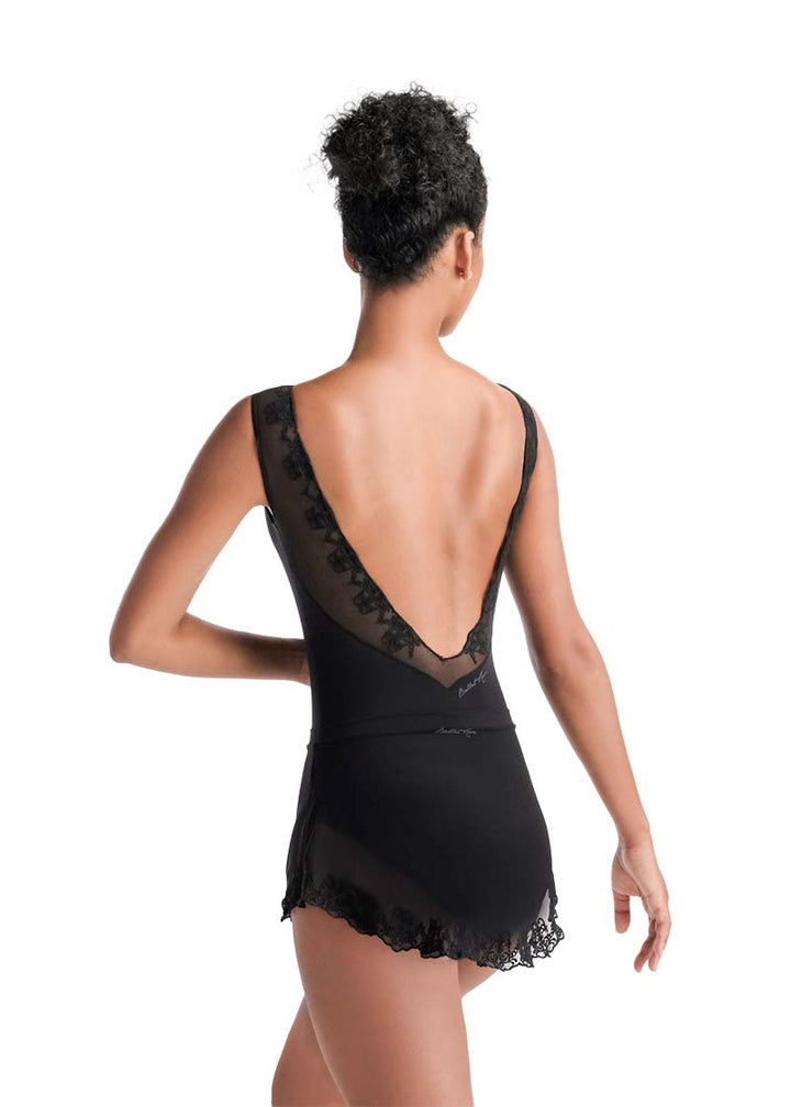 Ballet Rosa women's Ivy mesh pull-on skirt in black with lace hem.