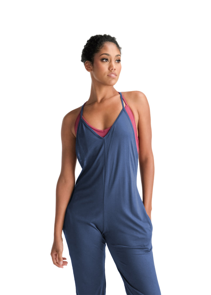 Ballet Rosa women's Kaiko capri length romper in blue with camisole straps.