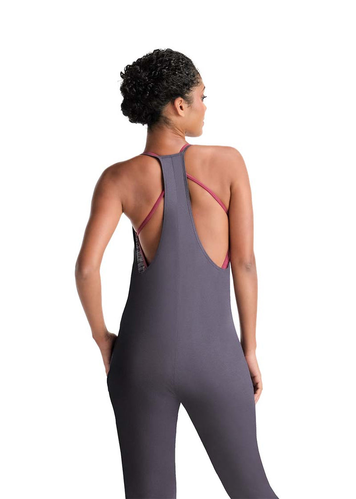 Ballet Rosa women's Kaiko capri length romper in gray with racerback.