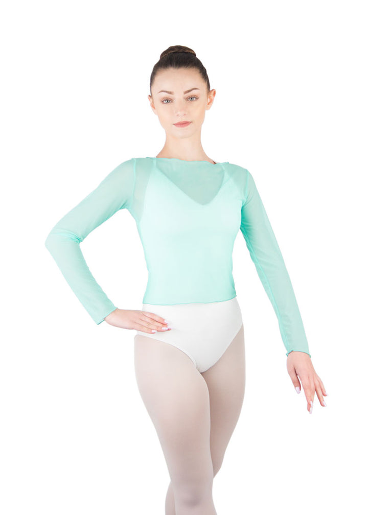 Ballet Rosa girls' Natasha mesh long sleeve top in light blueish green with boat neckline.
