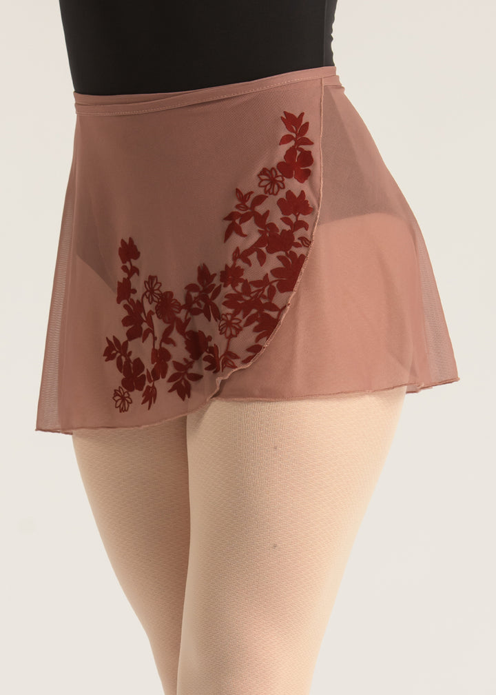 Ballet Rosa women's Leonie wrap skirt in tan with red floral flocking.