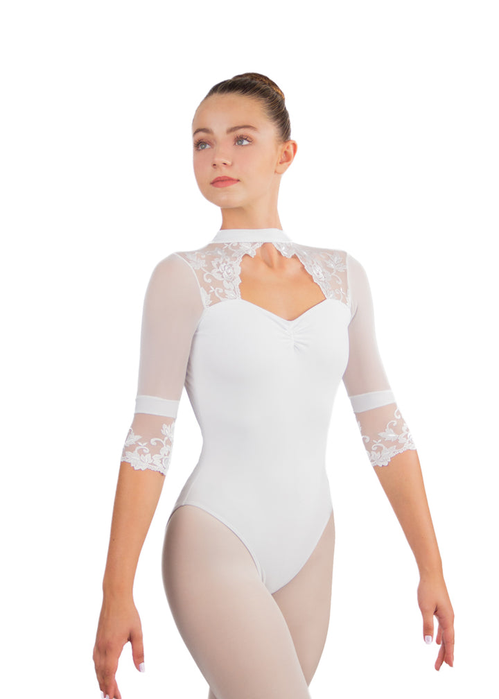 Ballet Rosa women's Lucienne high neck leotard in white with lace cuffs and neckline, keyhole and pinch front.