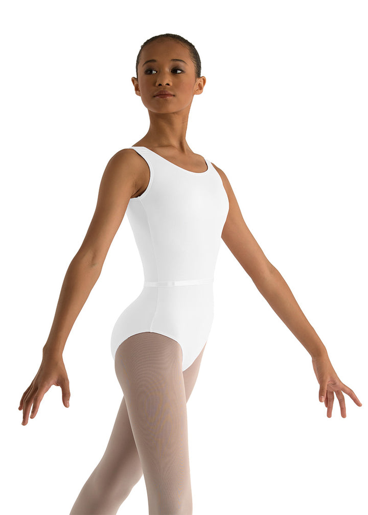 Ballet Rosa white tank leotard with matching alignment belt