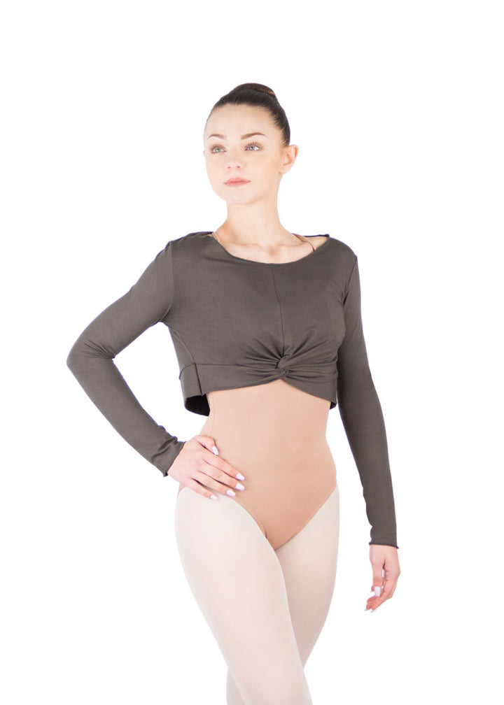 Ballet Rosa women's Megumi long sleeve crop top in light brown with twisted knot front.