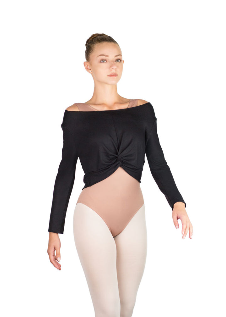 Ballet Rosa women's Megumi long sleeve crop top in black with twisted knot front.