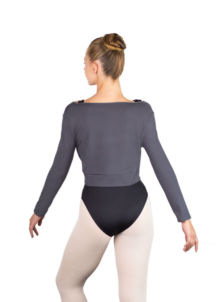 Ballet Rosa women's Megumi long sleeve crop top in gray.