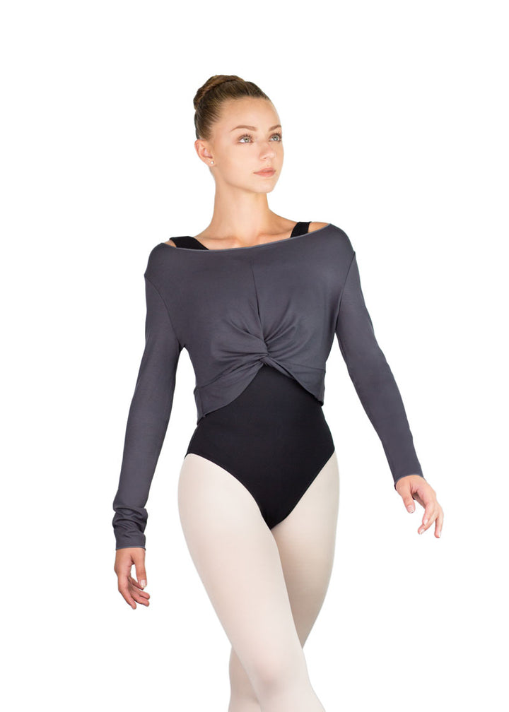 Ballet Rosa women's Megumi long sleeve crop top in gray with twisted knot front.