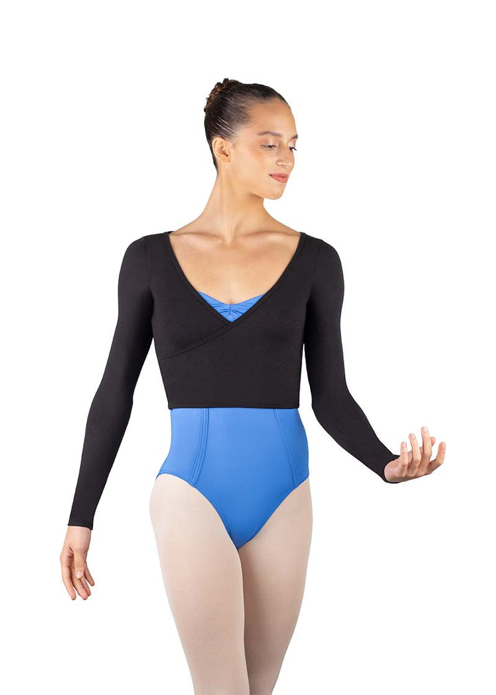 Ballet Rosa women's Mio long sleeve crop top in black with mock wrap front.