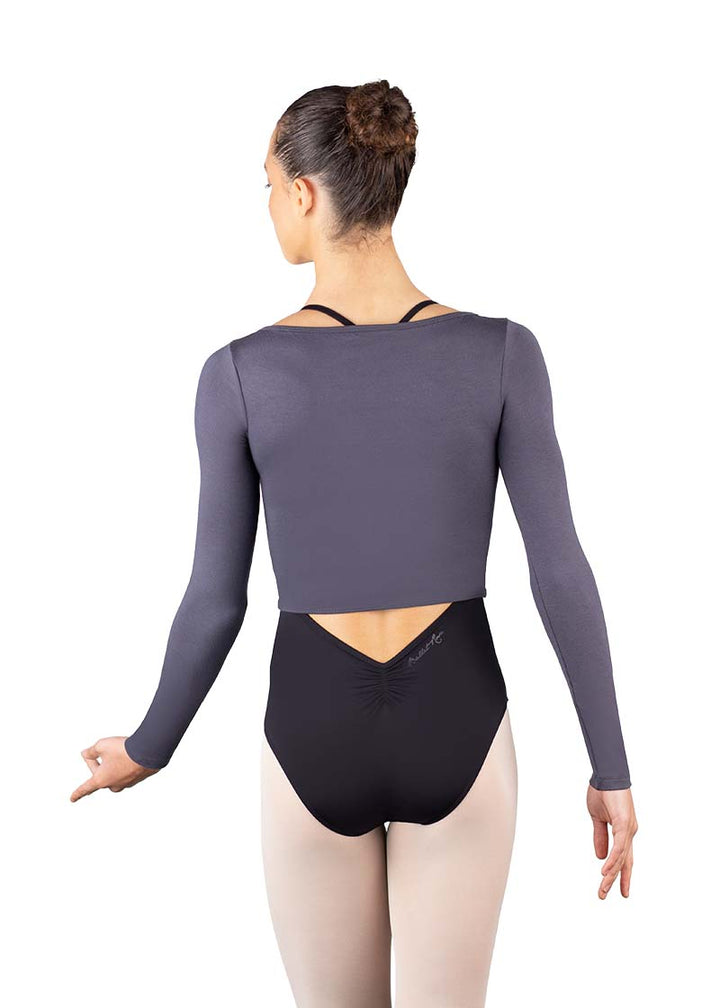 Ballet Rosa women's Mio long sleeve crop top in gray.