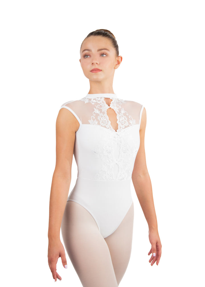 Ballet Rosa women's Mirielle high neck leotard in white with mesh shoulders and lace keyhole overlay.