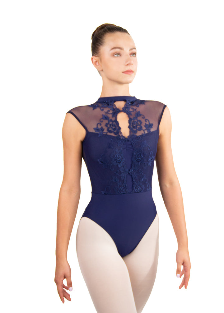Ballet Rosa women's Mirielle high neck leotard in navy blue with mesh shoulders and lace keyhole overlay.