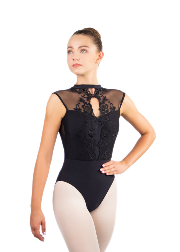 Ballet Rosa women's Mirielle high neck leotard in black with mesh shoulders and lace keyhole overlay.