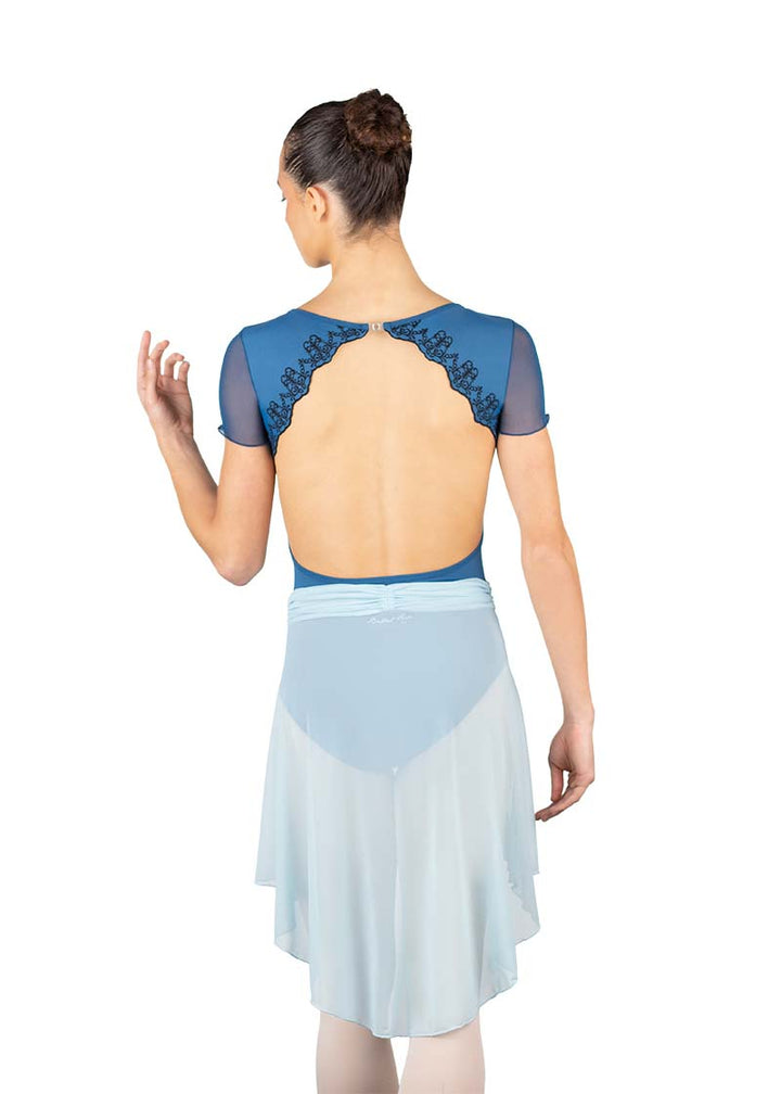 Ballet Rosa women's Monia cap sleeve leotard in blue with mesh sleeves and black lace scalloped open back.
