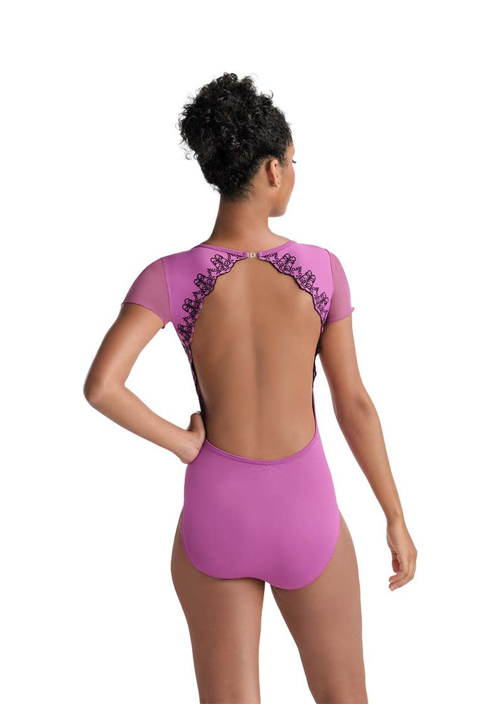 Ballet Rosa women's Monia cap sleeve leotard in pink with mesh sleeves and black lace scalloped open back.