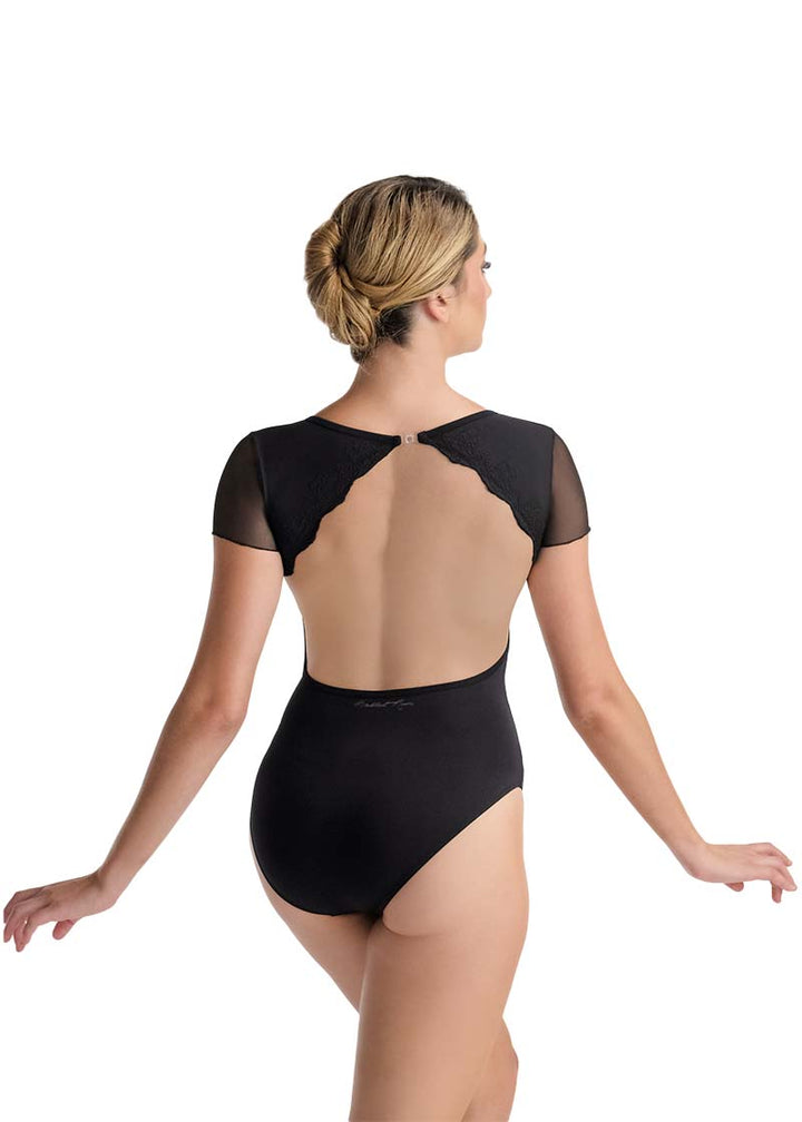 Ballet Rosa women's Monia cap sleeve leotard in black with mesh sleeves and scalloped, open back.