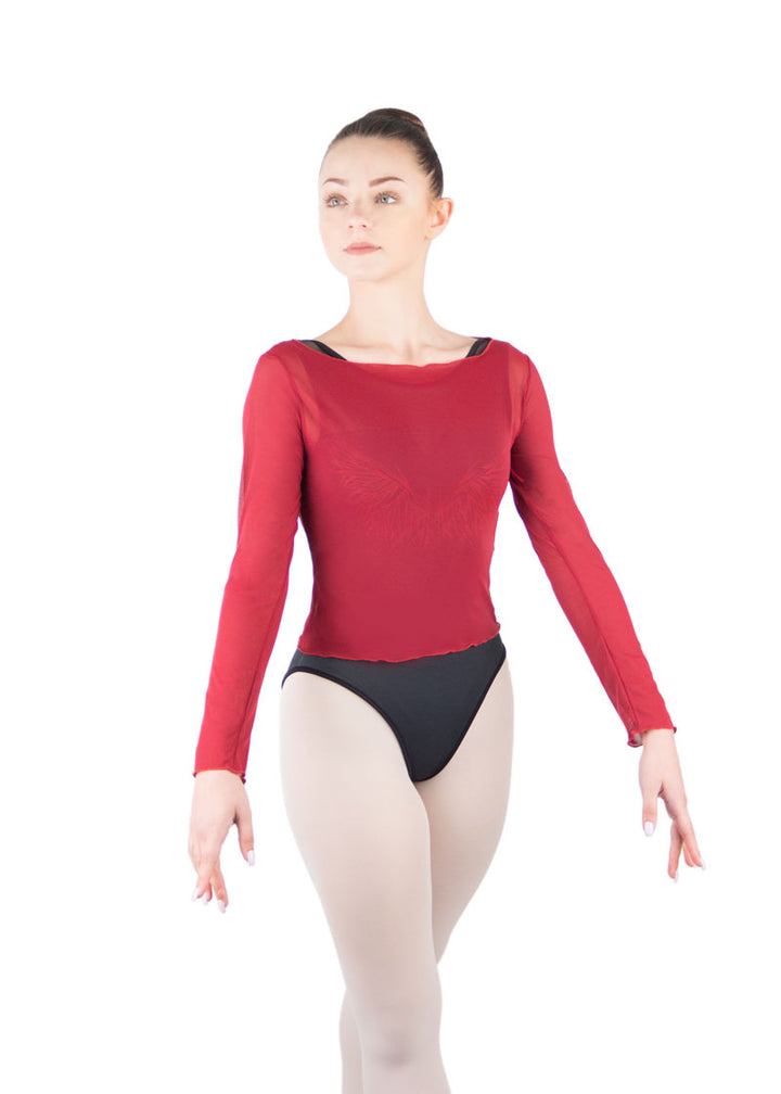 Ballet Rosa girls' Natasha mesh long sleeve top in bright red with boat neckline.