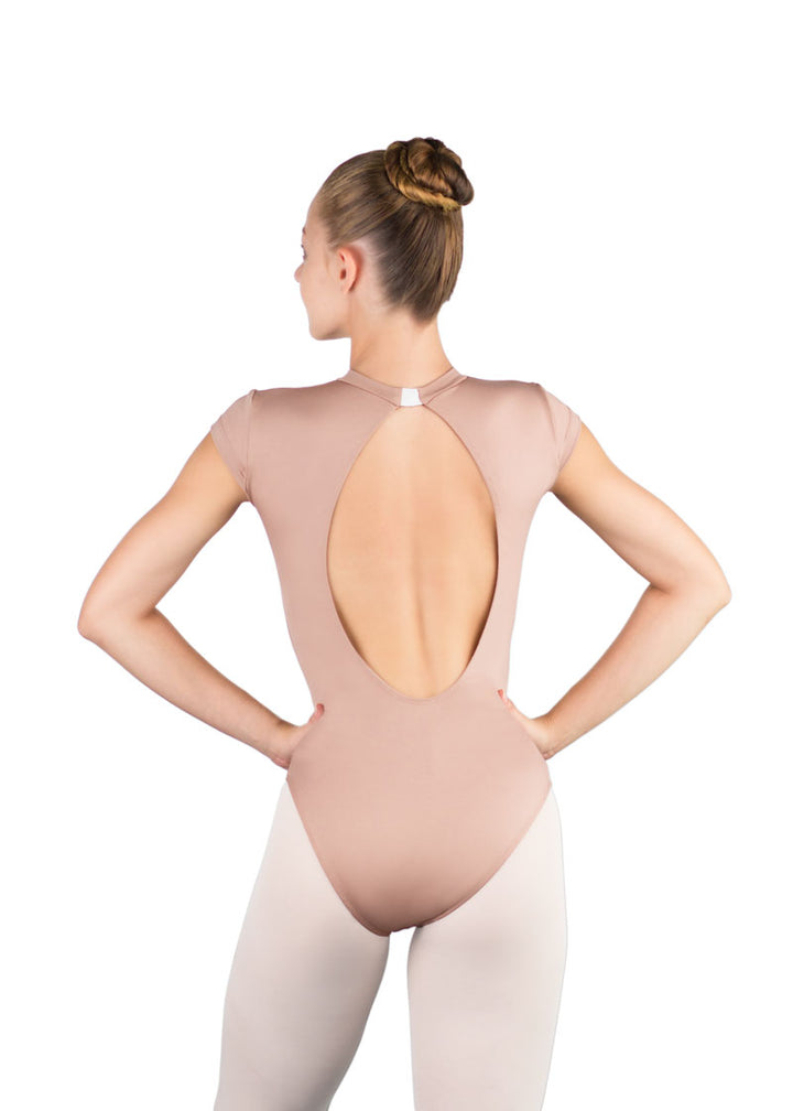 Ballet Rosa women's Naomi cap sleeve leotard in beige with open back.