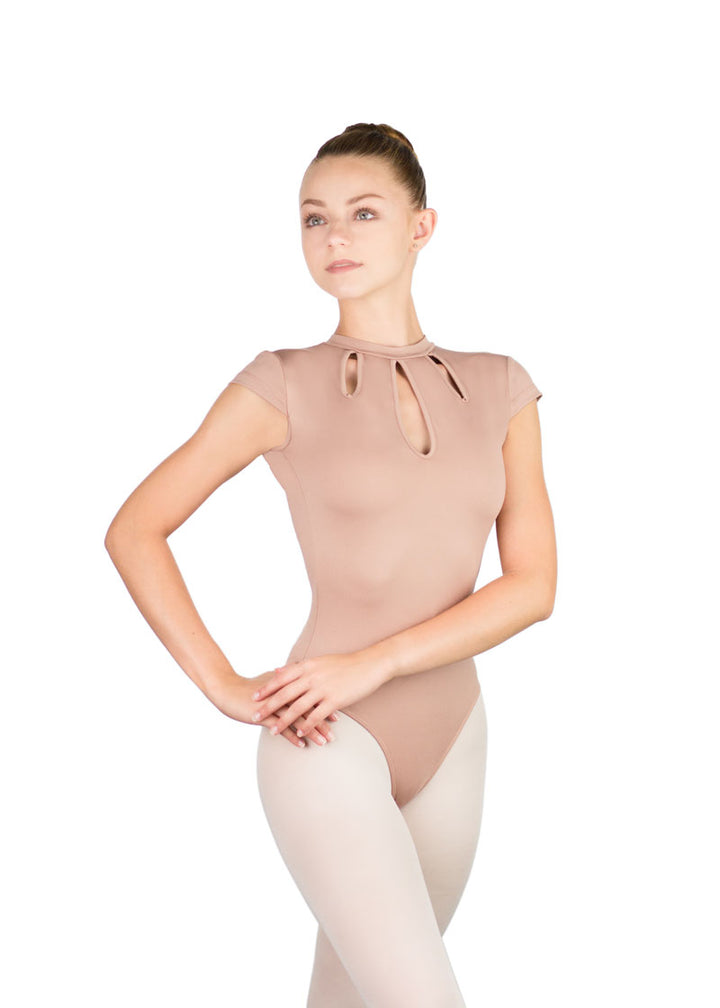 Ballet Rosa girls' Naomi cap sleeve leotard in beige with triple keyhole neckline.