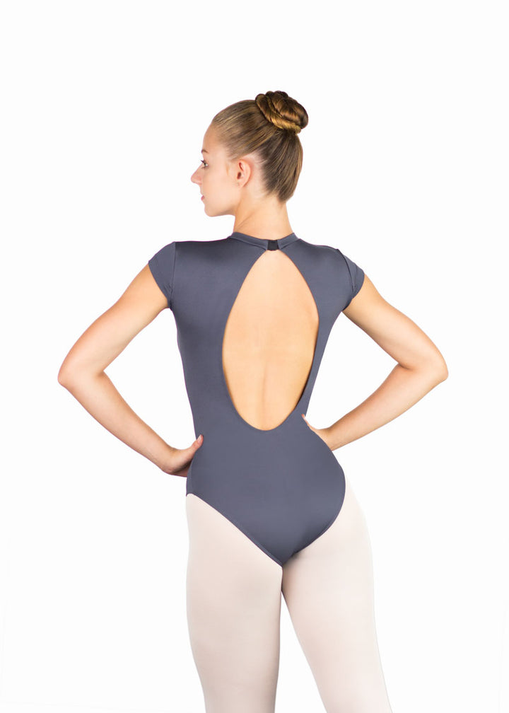 Ballet Rosa girls' Naomi cap sleeve leotard in gray with open back.